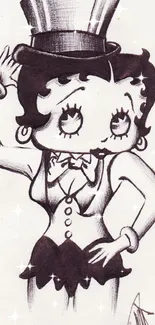 Sketch of a vintage cartoon character in black and white, wearing a top hat.