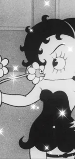 Black and white vintage cartoon character holding flowers.