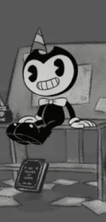 Vintage monochrome cartoon character sitting on a desk in classic style.