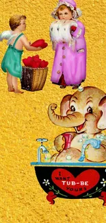 Vintage cartoon elephant in bathtub on yellow background.