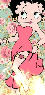 Vintage cartoon character in pink dress on floral background.