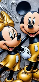 Vintage cartoon mouse duo with golden accents.
