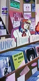 Cartoon characters in retro music store scene.