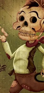 Vintage cartoon skeleton with a rustic style on a phone wallpaper.