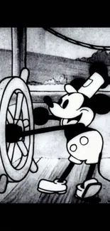 Classic black and white cartoon character steering a ship in a vintage style.