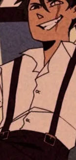 Cartoon character in vintage style wearing a white shirt and suspenders.