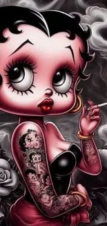 Vintage cartoon character with tattoo art, surrounded by grey smoke.