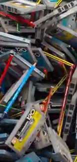 An array of vintage cassette tapes with pencils for rewinding.