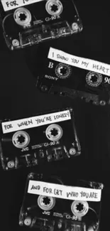 Black and white vintage cassette tapes wallpaper for mobile.