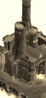 Sepia-toned illustration of a vintage medieval castle.