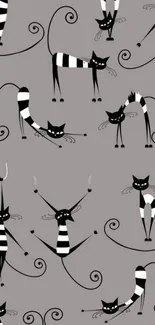 Whimsical vintage cat pattern on a gray wallpaper background.