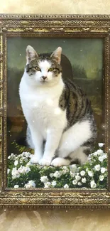 Vintage cat portrait in ornate frame with flowers.