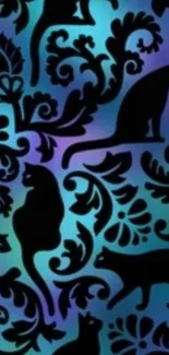 Vintage cat silhouettes on blue floral background.