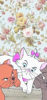 Vintage floral wallpaper with cartoon cats in pastel colors.