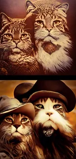 Vintage cats in stylish hats mobile wallpaper.