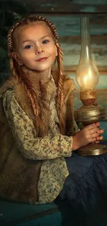 Vintage style wallpaper featuring a young girl holding an antique oil lamp.