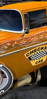 Vintage yellow Checker Cab with retro style design on mobile wallpaper.