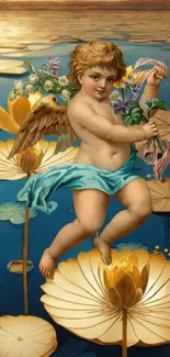 Vintage cherub holds flowers among golden lotus blossoms on water.