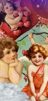 Vintage cherub angels with heart theme in vibrant colors.