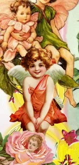 Vintage cherub in floral setting with playful angels.