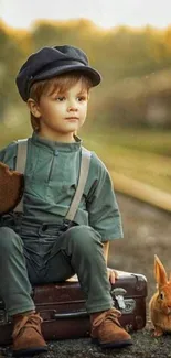 Child in vintage clothing with rabbit, outdoors.