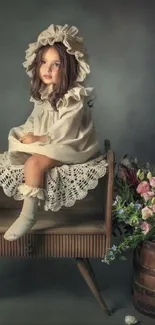 Vintage child in period attire sits beside a floral display, exuding elegance.