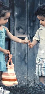 Two children share a moment in a vintage rustic setting.