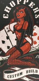 Vintage chopper-themed wallpaper with retro woman and playing cards.