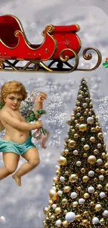 Vintage Christmas wallpaper with angel, sleigh, and Christmas tree.