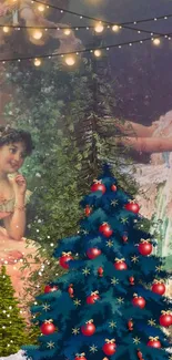 Vintage Christmas scene with festive decorations and a decorated tree.