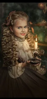 A young girl with curls holds a candle in a vintage Christmas setting.