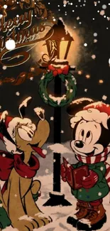 Vintage Christmas cartoon wallpaper with Mickey and Pluto in snow.