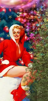 Vintage pin-up Santa theme in vibrant red with decorated Christmas tree.