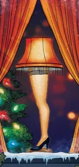 Christmas leg lamp with red curtains and festive tree.