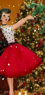 Vintage-style Christmas red dress wallpaper with festive background.