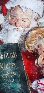 Vintage tapestry art of Santa with children in Christmas theme.