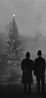 Vintage black and white wallpaper of a lit Christmas tree in a foggy city square.