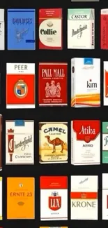 Collection of vintage cigarette packs with diverse colors on a black background.