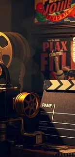 Vintage cinema equipment with film reels.