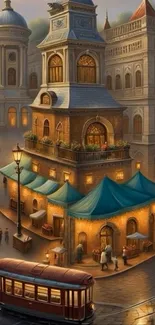 A vintage street scene with a streetcar and iconic architecture at night.