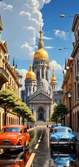 Artistic vintage cityscape with cars and golden domes.