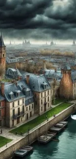 Vintage cityscape with storm clouds over historic architecture by the river.