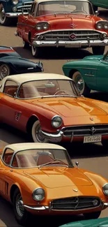 Vibrant collection of classic vintage cars in various colors.