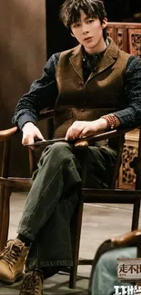 Man in vintage style seated in a chair with brown and neutral tones.