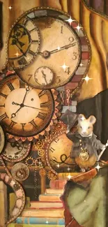 Steampunk clock collage with mouse illustration on a mobile wallpaper.