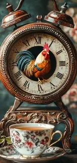 Vintage clock with rooster design and a floral teacup below.