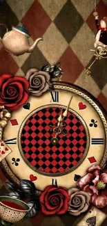 Vintage clock with roses and playing cards on harlequin background.