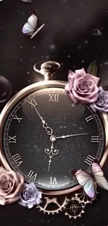 Vintage pocket watch with roses and butterflies.