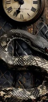 Snake wrapped around an antique clock on dark background.