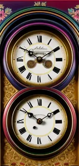 Vintage clock with ornate gold and floral details on mobile wallpaper.